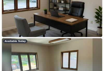 Split view showing a modern office layout concept and the actual empty office space with wood floors.