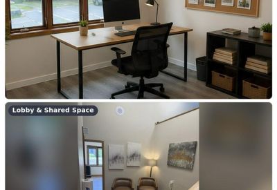 Split view of a staged office layout and a lobby seating area with armchairs and a patterned rug.