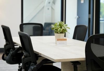 Meeting room featuring a white table, black mesh chairs, and a small potted plant.
