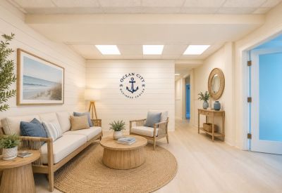 Bright coastal-themed reception lounge with comfortable seating and light wood accents.