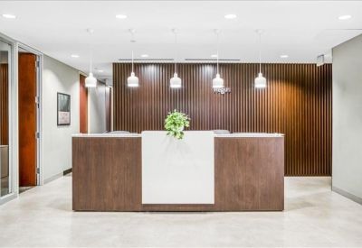 Professional reception desk with a dark wood finish and modern pendant lighting.