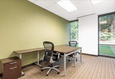 Bright private office with a green feature wall and large windows.