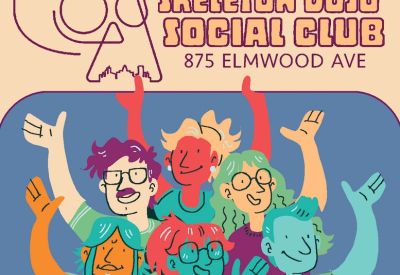 Colorful illustration of smiling club members under the Skeleton Dojo Social Club logo.