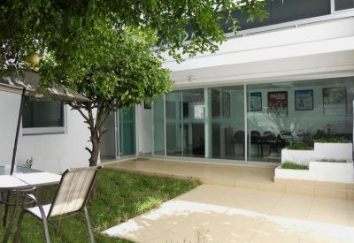 Sunny garden courtyard at Providencia Business Center, Leon de los Aldama with a tree and outdoor seating.