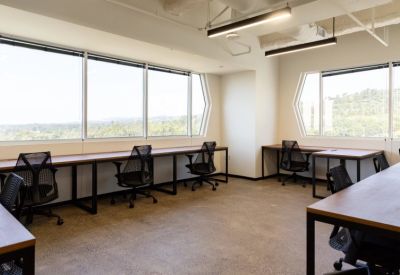 Bright shared office space with rows of wooden desks, ergonomic black chairs, and large windows.
