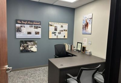 L-shaped wooden desk in a private office with blue feature wall and framed prints.