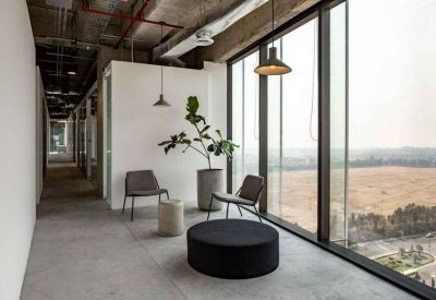 Bright breakout area with modern chairs, a tall plant, and floor-to-ceiling windows.