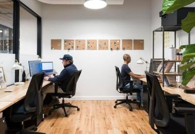 Quiet workspace with wooden desks and professionals working on laptops.