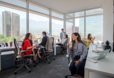 Bright, modern workspace where professionals collaborate at desks by large windows with city views.