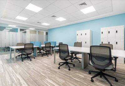 Large open-plan workspace featuring rows of desks and a bright blue accent wall.