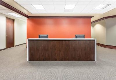 Clean reception area featuring a dark wood front desk and an accent wall.