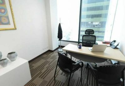 Private window office with a wooden desk and city view.