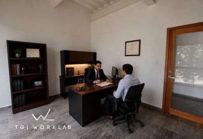 Private executive office with dark wood furniture, a bookshelf, and a client sitting at the desk.