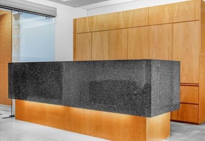 Sleek reception area with a dark stone front desk and wood-paneled feature wall.