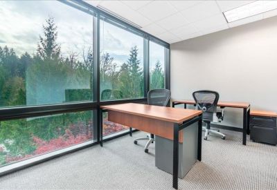 Private office with a wooden desk and large windows overlooking a lush forest.