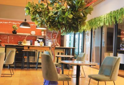 Communal cafe and dining area featuring a central tree, green chairs, and orange tile accents.