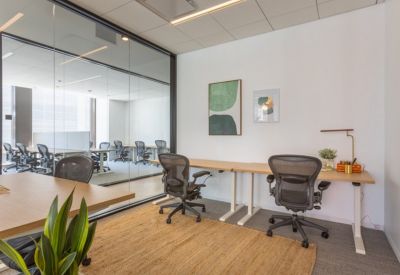 Bright workspace featuring two desks, potted plants, and glass-walled conference room in the background.