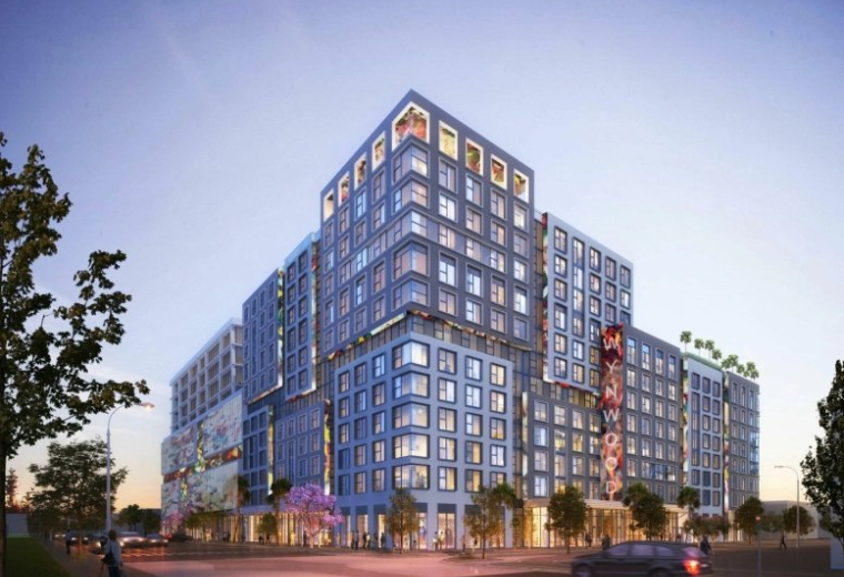 Exterior view of the colorful facade at 252 Northwest 29th Street, 9th & 10th Floor.