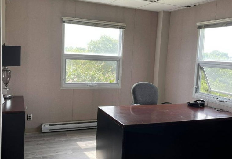 Spacious private office with a large desk and two bright windows.