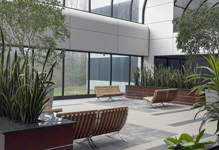Modern lobby area with large windows and indoor plants.