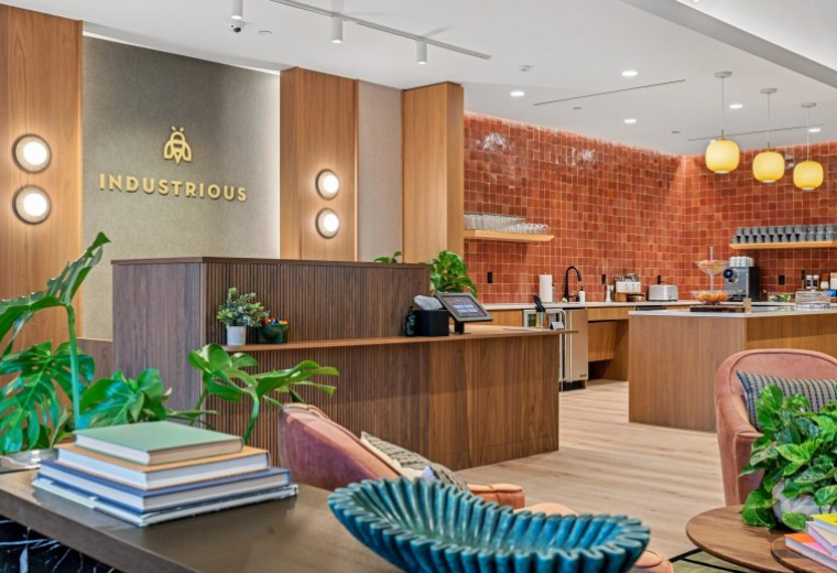 Spacious reception area at 10666 Northeast 8th Street, 3rd Floor featuring wood paneling and lush green plants.