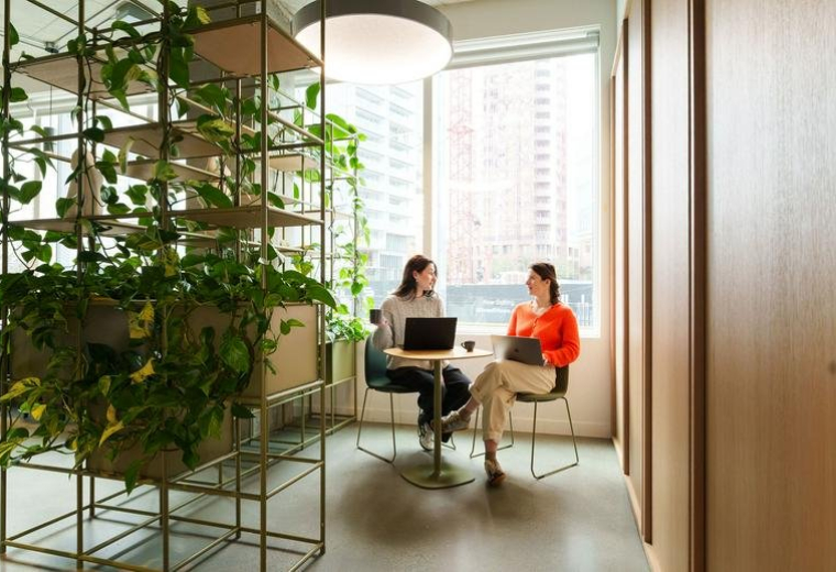 Sunny breakout area at 1575, West Georgia Street, #200 featuring lush indoor plants and a city-view window.