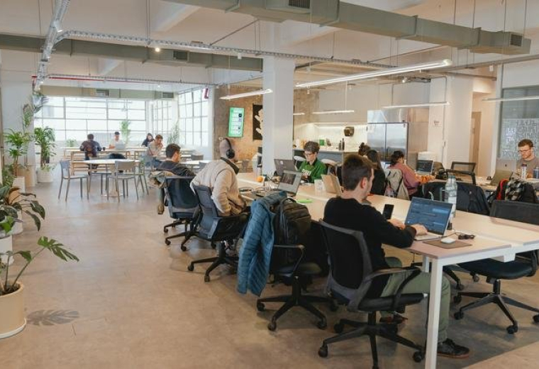 Spacious open-plan workspace at 1967, Humboldt with natural light, large desks, and indoor plants.