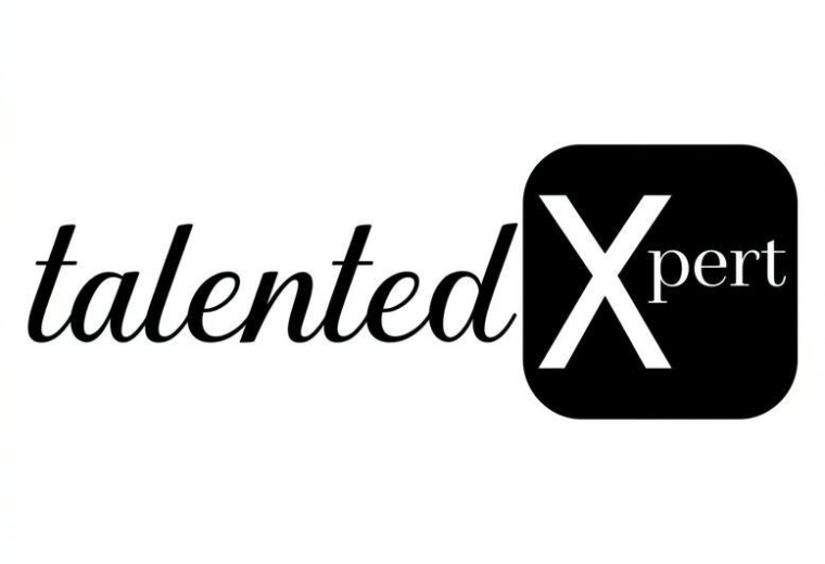 Company logo for talentedXpert featuring script text and a stylized white X in a black rounded square.