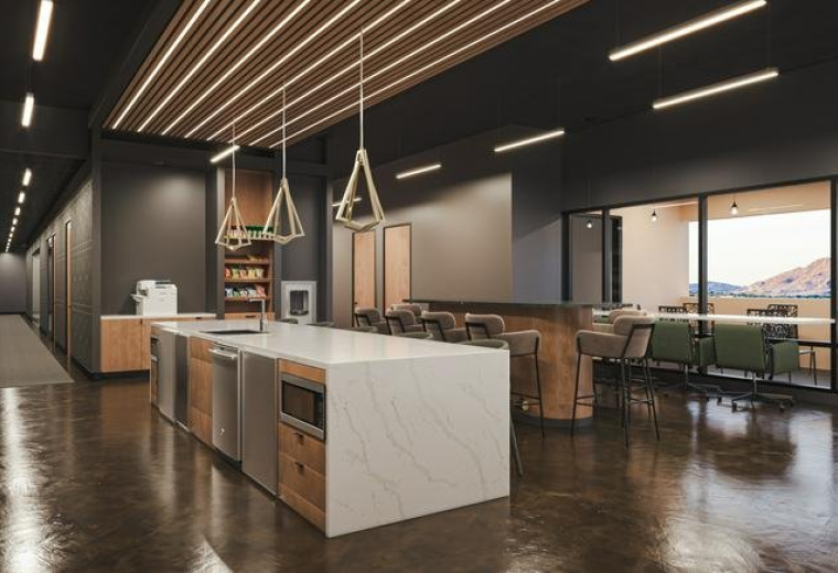 Modern breakroom and kitchen area at 4800 North Scottsdale Road, suite 4500.