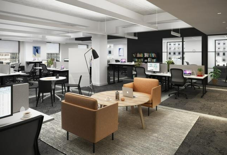Spacious open-plan office at 530 Fifth Avenue, New York City with tan armchairs and bright workstations.