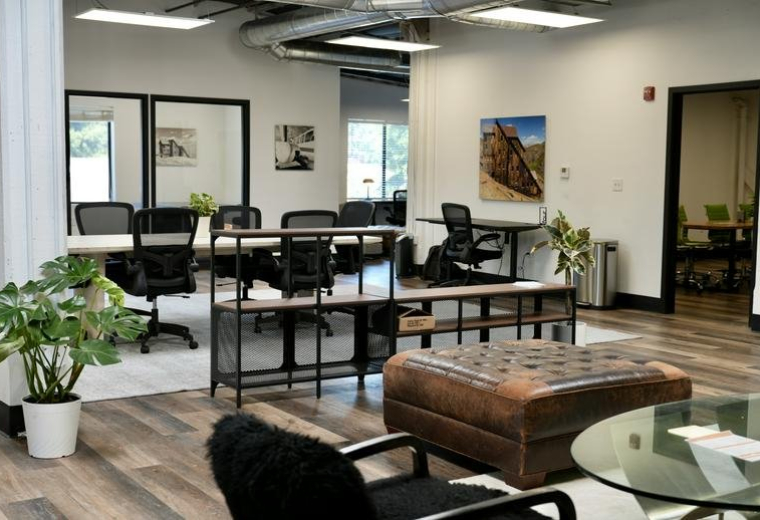 Spacious communal lounge and coworking area at 6780 Depot Street Suite 210 with leather ottoman and potted plants.