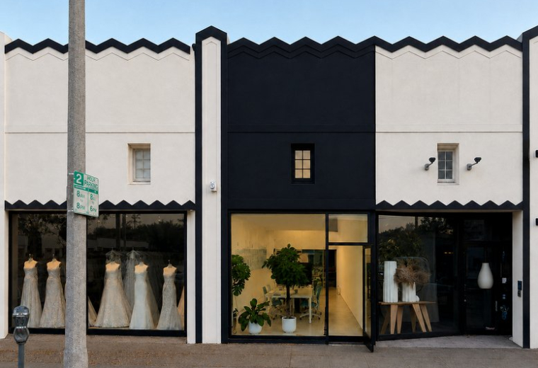 Exterior view of the black and white Art Deco style building at 8340, Beverly Boulevard.