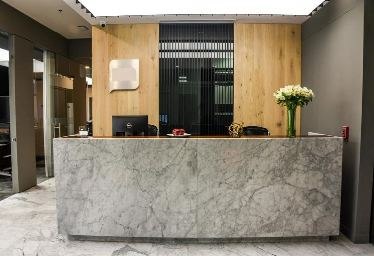 Marble reception desk in the Latitud Polanco, Avenida Ejército Nacional, Mexico City center.