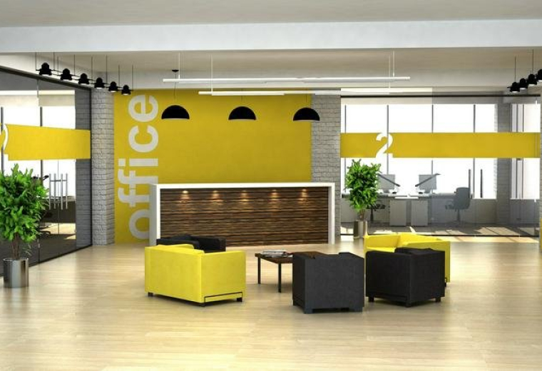 Reception area at Gateway 6, 460 West 50 North, featuring a yellow feature wall and modern seating.