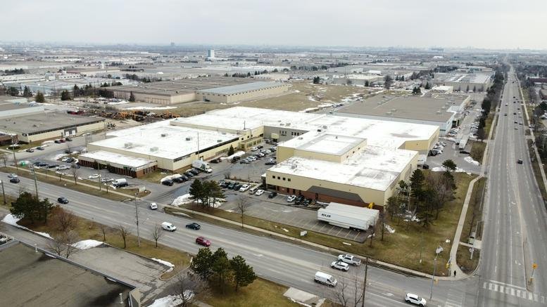 Aerial exterior view of the industrial and office complex at 1055, Clark Boulevard.