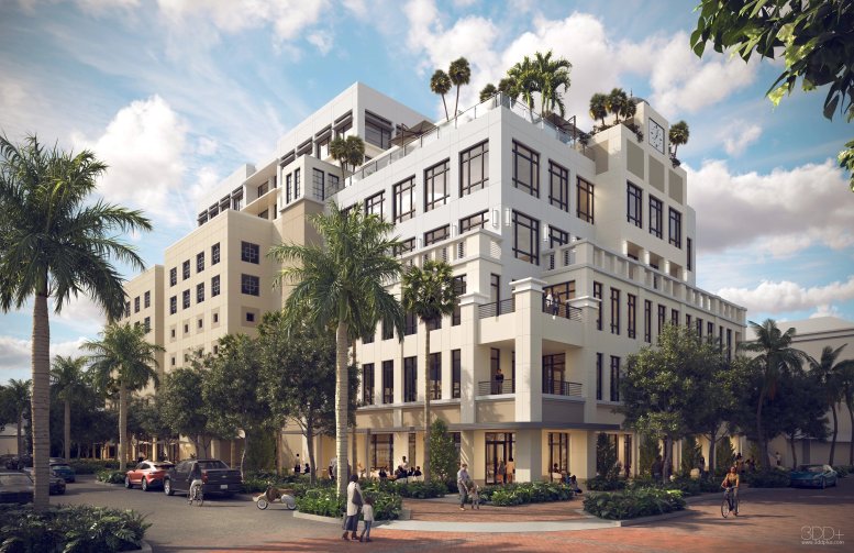 Exterior view of the white Mediterranean-style building at 119 E Palmetto Park Road, 6th Floor.