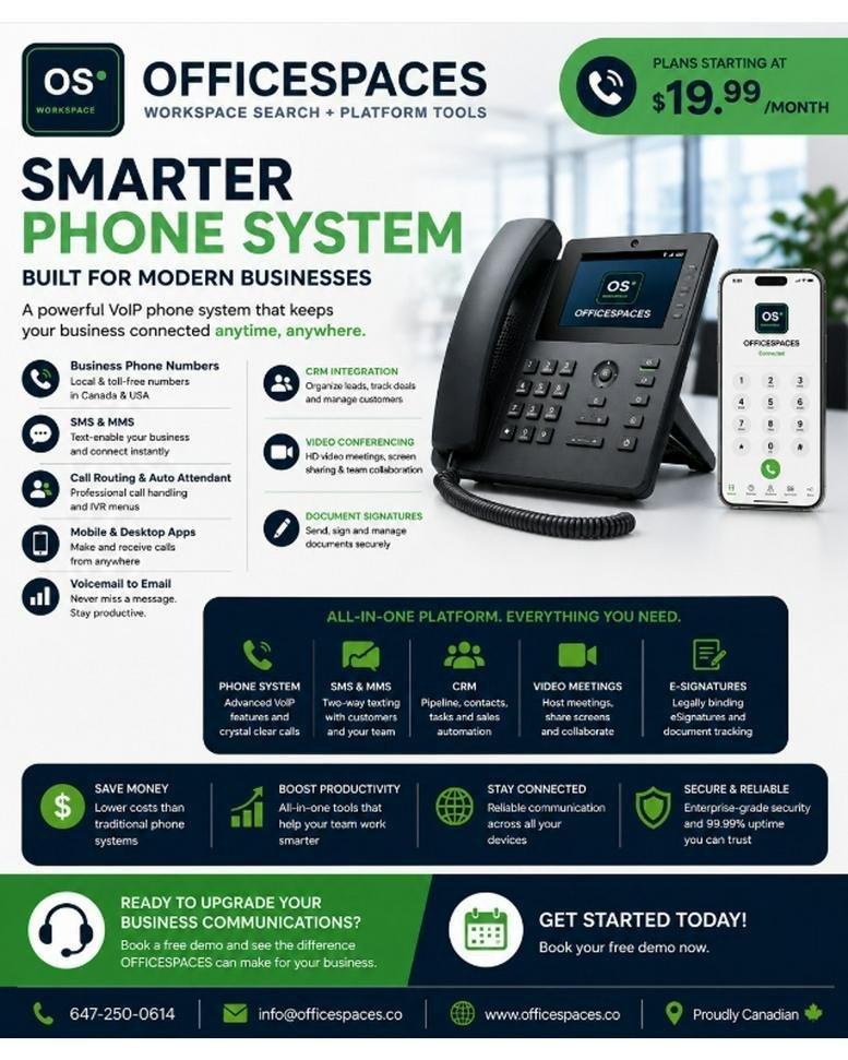 Marketing flyer for OfficeSpaces phone systems featuring a desk phone and a mobile app interface.