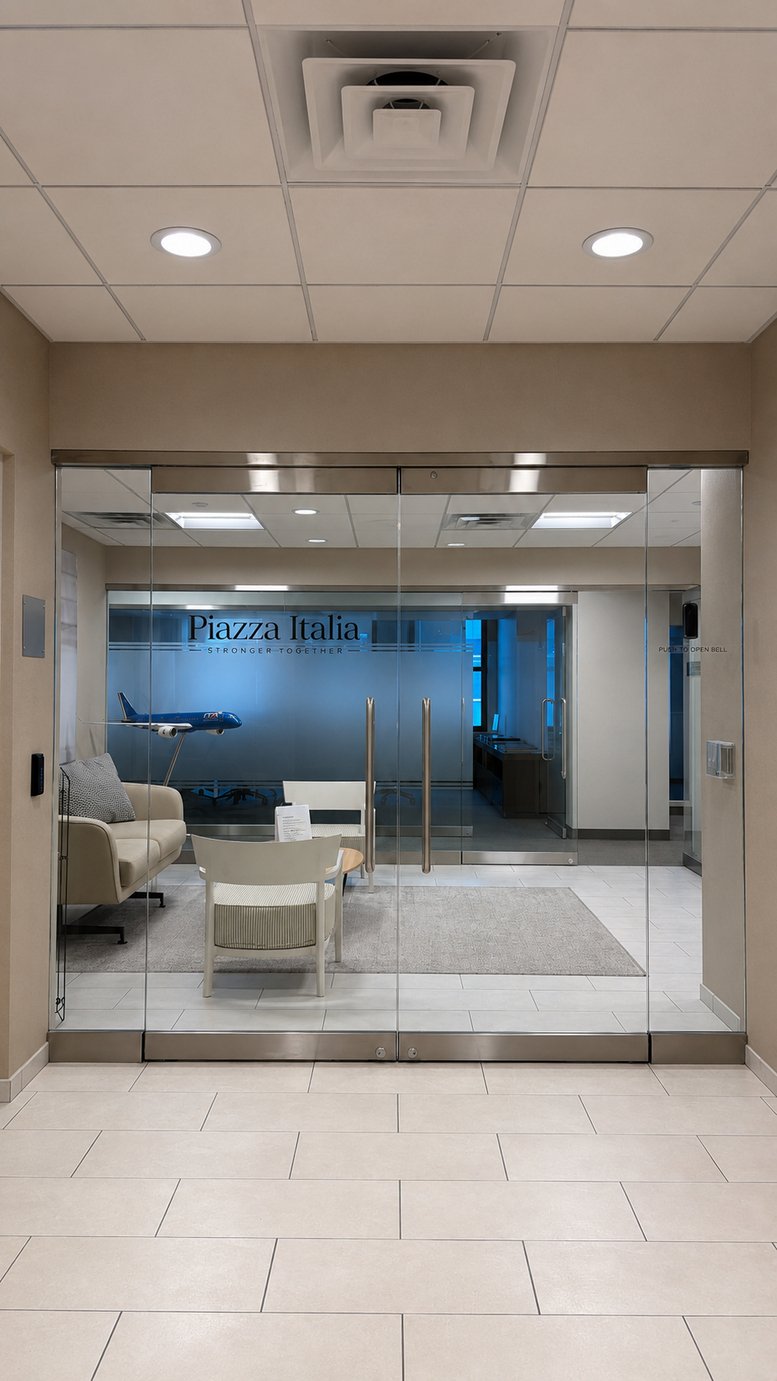 Glass-entrance to Piazza Italia reception.