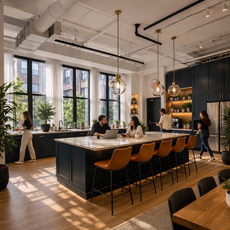 Spacious communal kitchen and dining area at 151, West 26th Street with a large island and warm lighting.