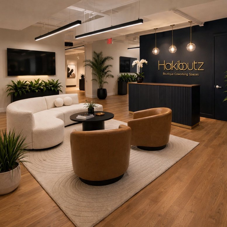 Reception area at 151, West 26th Street, 6th Floor with a dark wood desk and curved white sofa.