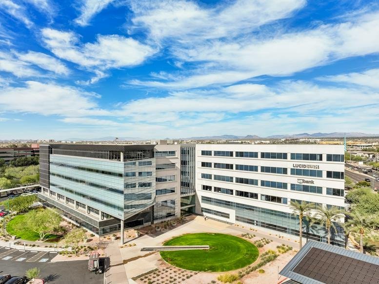 Aerial exterior view of the modern office building at 16220 North Scottsdale Road.