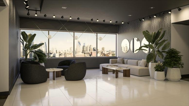 Light-filled lounge area with plush seating and panoramic city views.
