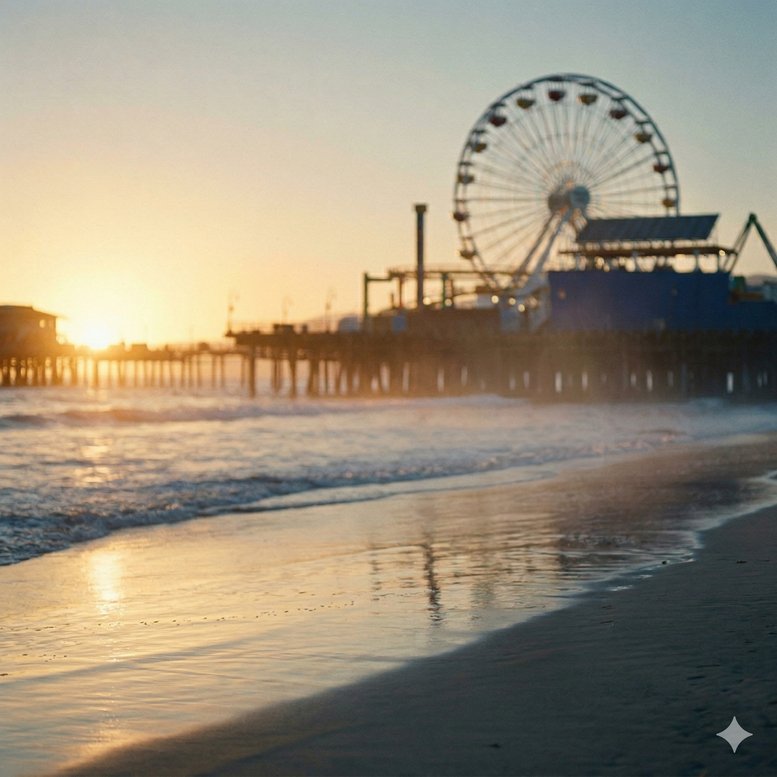 Scenic sunset view of a coastal pier with a large ferris wheel at 235, Queen Street.