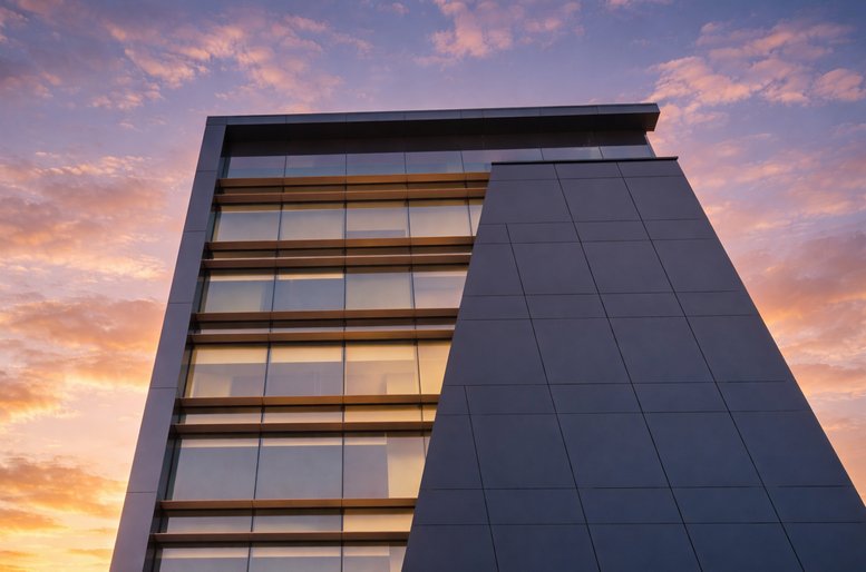 Modern glass and grey-paneled exterior facade of the 2540 Avenida Aviación building at sunset.