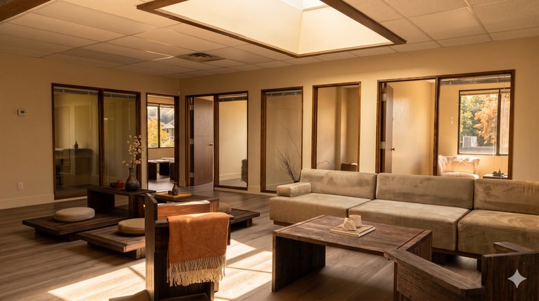 Spacious communal lounge at 3066, Arbutus Street with a skylight, low seating, and sliding glass doors.