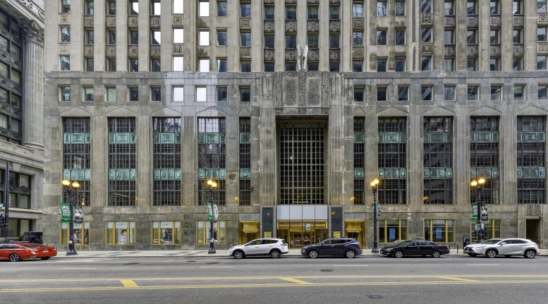Ground-level exterior view of the historic Art Deco facade of 33 N La Salle St.