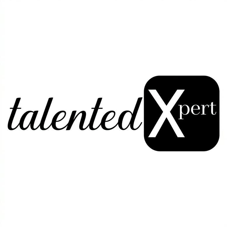 Company logo for talentedXpert featuring script text and a stylized white X in a black rounded square.