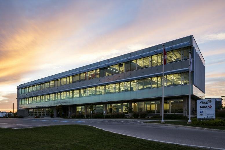 Exterior view of the low-rise glass and concrete building at 375, Hagey Boulevard.
