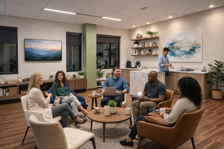 Lounge area at 4684 Ontario Mills Parkway, Ste 200 with people gathered around a circular coffee table.