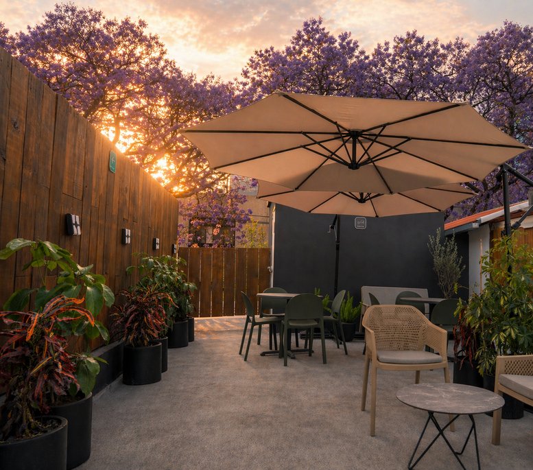 Outdoor rooftop terrace at 714-A, Oregon featuring seating under umbrellas and purple flowering trees.
